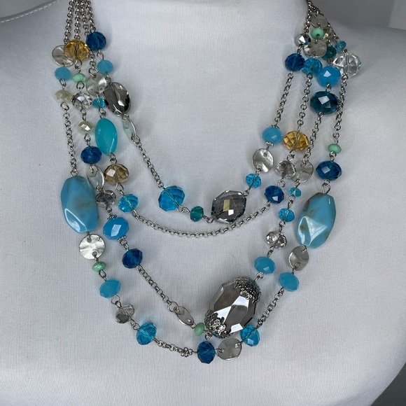 4 Tier Faux Turquoise & Crystal Necklace | 9-12” long
